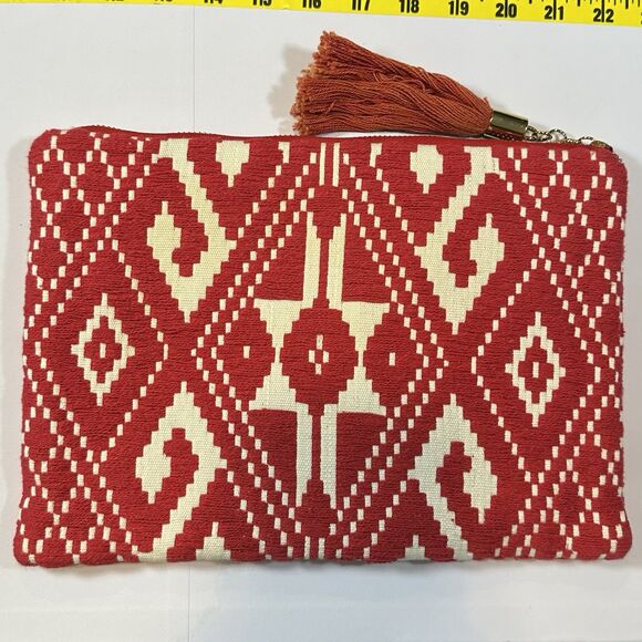 Kookai Red White Geometric Cotton Clutch Bag Boho Tribal Pattern Zip Pouch - Picture 2 of 7